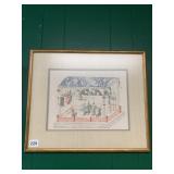 ASIAN ART PRINT, FIGURAL INTERIOR SCENE, GILT