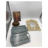 ORNATE FIGURAL WALL MIRROR, METAL PATTERNED TRAY,