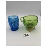 GREEN GLASS CORDIAL W/ METAL BASE, BLUE HOBNAIL