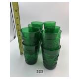 GREEN PRESSED GLASS TUMBLERS, FLORAL PATTERN.