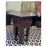 DARK WOOD HEXAGONAL PEDESTAL TABLE W/ BRASS-TONE