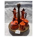 ORANGE CERAMIC & WOOD PEPPER MILL & SHAKER SET W/