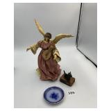 FABRIC DRESSED ANGEL FIGURINE W/ LUTE, METAL CAT