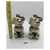 CERAMIC CAT FIGURINES, BLUE BOWS, GOLD ACCENTS,