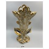 WHITE CERAMIC WALL POCKET VASE W/ GILT FLORAL