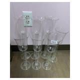 CLEAR GLASS TRUMPET VASES, LONG-STEM, FLARED RIM.