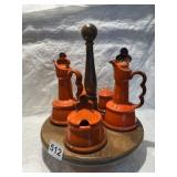 ORANGE CERAMIC CRUET SET, WOODEN STAND, GLOSSY