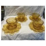 AMBER PRESSED GLASS CUPS AND SAUCERS, RUFFLED