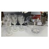 CLEAR GLASS PUNCH BOWL, ETCHED LEAF STEMWARE.