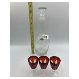 FROSTED ETCHED GLASS DECANTER W/ STOPPER, RED