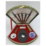 CHINESE CALLIGRAPHY SET, FAN-SHAPED BROCADE BOX,