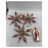 VINTAGE PINK STRIPED BEAD AND TINSEL ORNAMENTS,