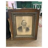 VTG CHARCOAL PORTRAIT OF A MAN, ORNATE CARVED