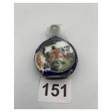 ENAMELED METAL SNUFF BOTTLE, BLUE GROUND, FIGURAL
