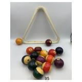 BILLIARDS BALLS W/ RACK, ASSORTED SOLID & STRIPE