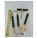 GREEN MARBLED BAR TOOLS, CORKSCREW, BOTTLE
