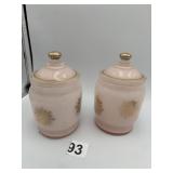 PINK FROSTED GLASS CANISTERS, GOLD SNOWFLAKE
