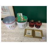 MERRY CHRISTMAS TIN BUCKETS, GOLD BEAD GARLANDS,