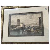 FRAMED PRINT, EUROPEAN RIVER SCENE W/ BRIDGE,