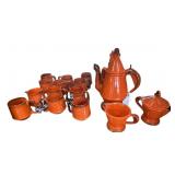 ORANGE ENAMELWARE COFFEEPOT, TEAKETTLE, MUGS,