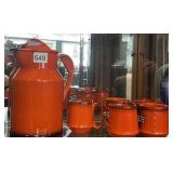 ORANGE ENAMELWARE PITCHER, MUGS W/ CHECKERED