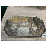 VTG OCTAGONAL WALL HANGING, WINTER SCENE, 