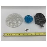 CLEAR & BLUE GLASS FLOWER FROGS, CAST IRON TURTLE