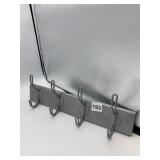 GRAY METAL HANGING RACK W/ MULTIPLE HOOKS.