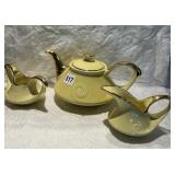 YELLOW CERAMIC TEAPOT, CREAMER, SUGAR BOWL,