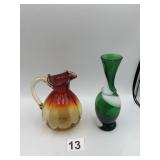 GREEN & WHITE SWIRL ART GLASS VASE, OMBRE ART