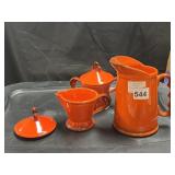 METLOX RED-ORANGE GLAZE PITCHER, CREAMER, SUGAR
