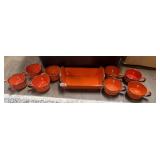 ORANGE ENAMELWARE CUPS, SERVING TRAY.