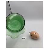 GREEN ART GLASS VASE, RUFFLED RIM, DECORATIVE