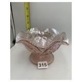 ROSE CARNIVAL GLASS RUFFLED FOOTED BOWL, MOLDED