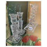 GLASS CANDLE HOLDERS, FACETED STAR DESIGN,