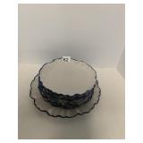 CERAMIC PLATES, RUFFLED EDGE, BLUE RIM, MADE IN