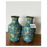 CLOISONNE ENAMEL FLORAL VASES, BLUE GROUND,