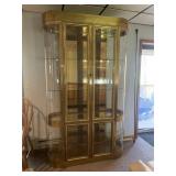 BRASS-TONE METAL CURIO CABINET, CURVED GLASS,