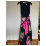 ELIZA J DRESS, NAVY FLORAL PRINT, PINK SASH,