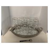ORNATE SILVER-TONE MIRRORED TRAY, GOLD RIM