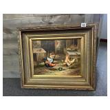 R. SPRUEL OIL ON CANVAS, BARNYARD CHICKEN SCENE,