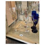 ART GLASS STEMWARE, HAND-PAINTED FLORAL, LEAF,