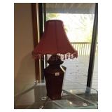 TABLE LAMP W/ RED FABRIC SHADE, BEADED FRINGE,