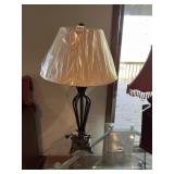 ORNATE METAL BASE TABLE LAMP W/ FABRIC SHADE.