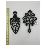 CAST IRON TRIVETS, FLORAL SHIELD PATTERN, ORNATE