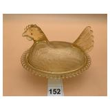 AMBER PRESSED GLASS HEN-ON-NEST COVERED DISH,