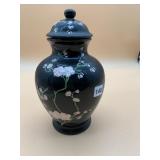 BLACK GLAZED CERAMIC LIDDED JAR, PINK CHERRY