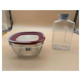 GLASS FOOD CONTAINER W/ RED LID, GLASS PITCHER.