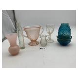 ASSORTED GLASSWARE, PINK OPAQUE VASE, PRESSED