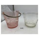 PINK ETCHED GLASS BUCKET W/ METAL HANDLE, CLEAR